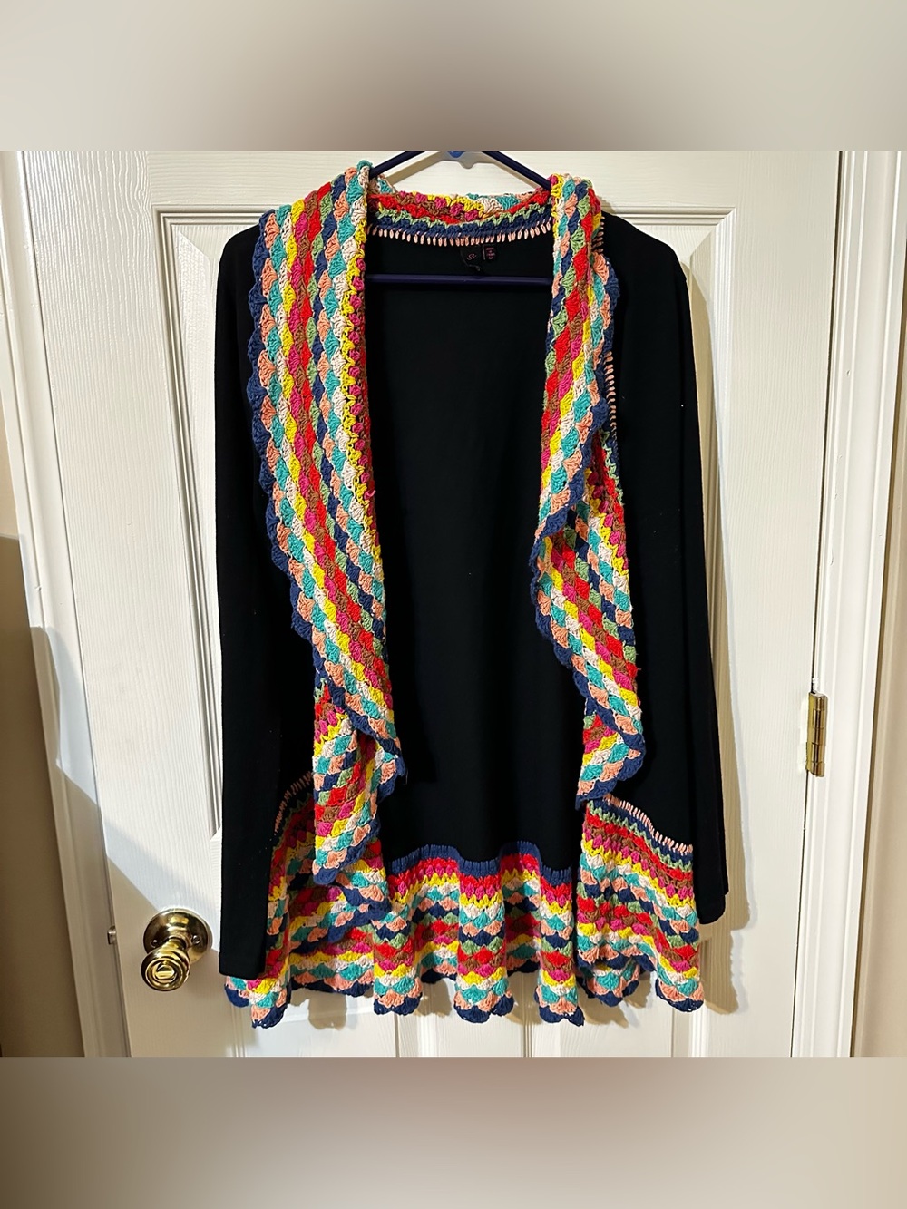 Black Open-Front Cardigan with Multicolor Crochet Trim